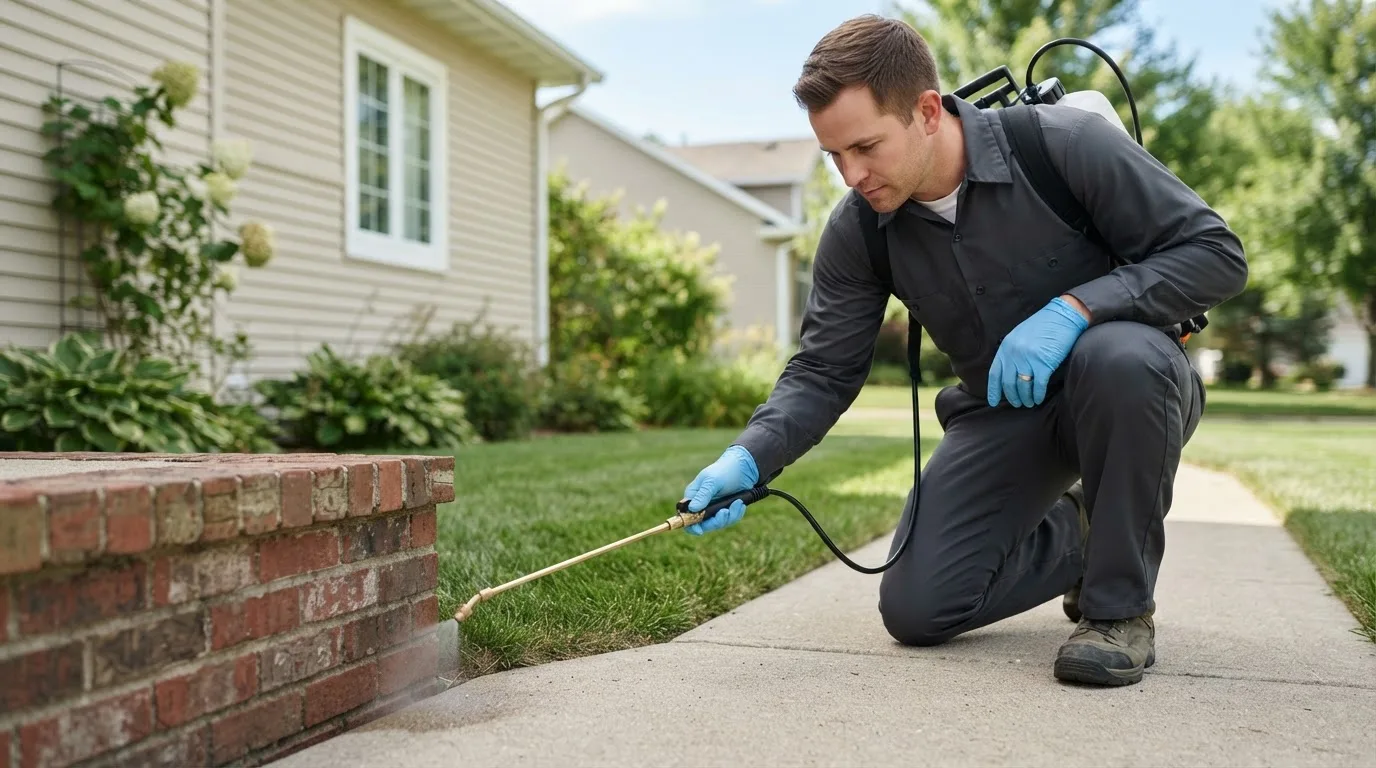 Pest control technician treating a home near Rochester, IL